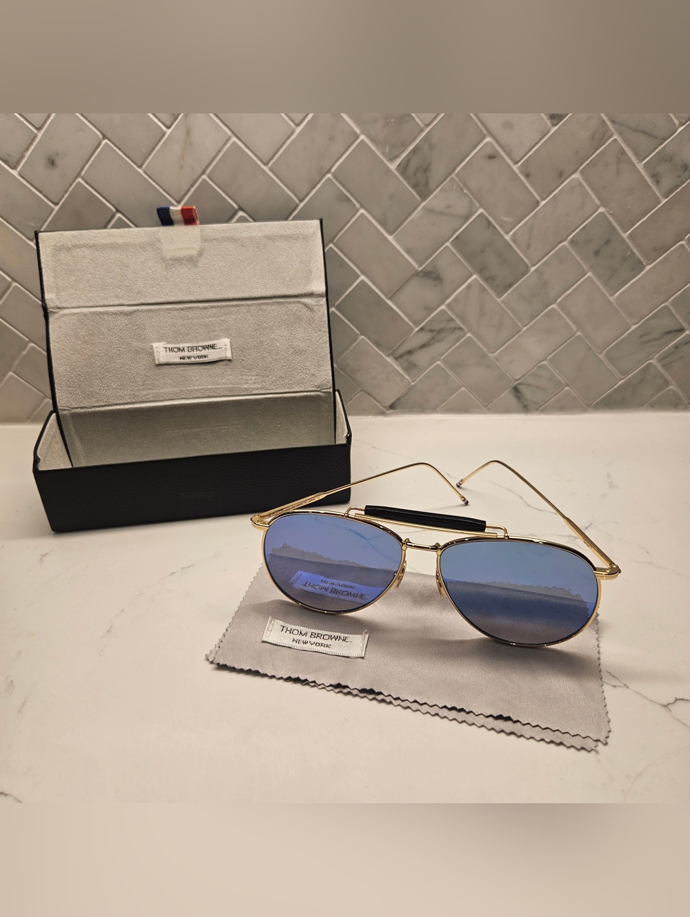 Thom Browne TBS‑015 LTD Limited Edition Titanium Aviator/ TBS-015-LTD-NVY-GLD-62